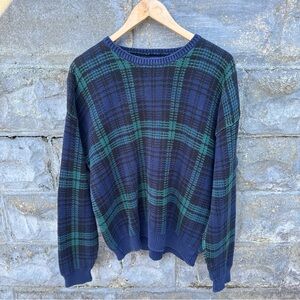 Vintage 90's GAP Plaid Knit Sweater Size Medium Tartan Blue Green Cotton